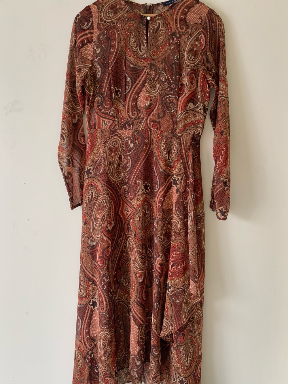 TOMMY HILFIGER Brown & Rust Paisley Long Sleeve Midi Dress with Cascade Ruffle